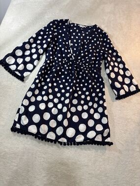 Boden Esmeralda Beach Kaftan Size US 8 R Swim Cover Up Navy Blue White pom poms